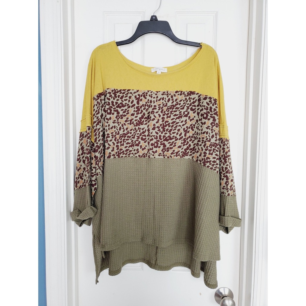 Umgee Colorblock Animal Print Top Yellow Green Waffle Knit Mixed Media Boho 2XL - Picture 2 of 8
